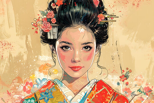,日本藝伎,和服,花朵,肖像