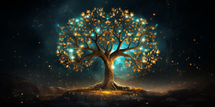 奇幻生命之樹樹葉和寶珠閃耀著光芒