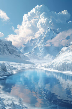 冰封湖泊映雪山