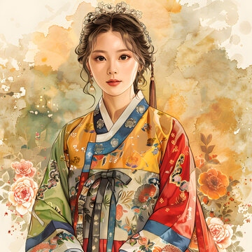 身穿韓國傳統(tǒng)服飾的年輕女子肖像
