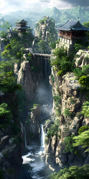 山間瀑布流淌，古寺隱于山林
