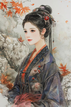 漢服女子紅楓林