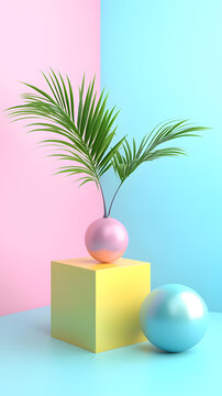 粉色和藍色球體上的綠色葉子極簡3D渲染