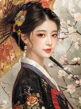 一個身穿傳統(tǒng)服飾的美麗亞洲女人的插圖，撐著一把傘