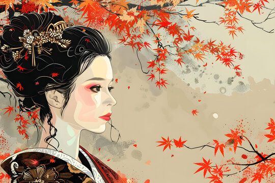 一個(gè)穿著和服的美麗日本女人站在一棵紅葉樹(shù)下。
