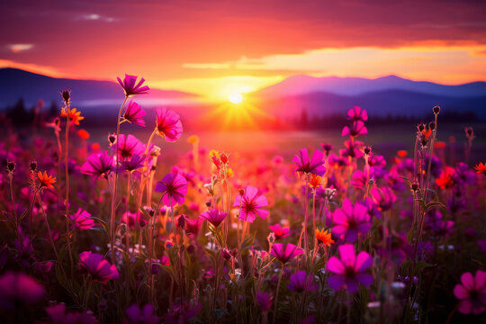 夕陽(yáng)下盛開(kāi)的粉色花田