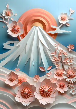 富士山和櫻花的紙藝作品