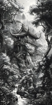中國山林中的寶塔鉛筆畫
