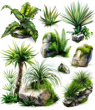 熱帶植物與巖石組合