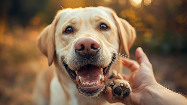 一只拉布拉多獵犬正被人撫摸著爪子