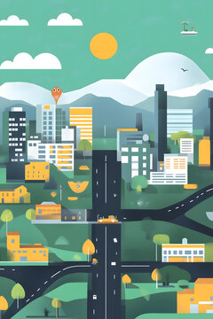 抽象城市景觀，黃色建筑和綠色樹木