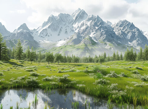郁郁蔥蔥的山谷遠(yuǎn)處白雪皚皚的山峰