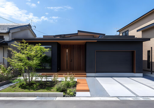 現(xiàn)代日式住宅外觀設計，黑色外墻搭配木質元素