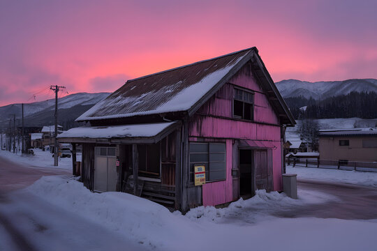 冬季雪山下的粉紅色木屋