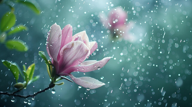 雨滴落在粉色的玉蘭花上背景模糊