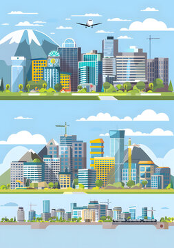 現(xiàn)代城市景觀，帶有山脈和飛機(jī)