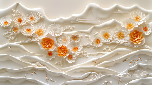 3D白色和橙色紙花藝術(shù)