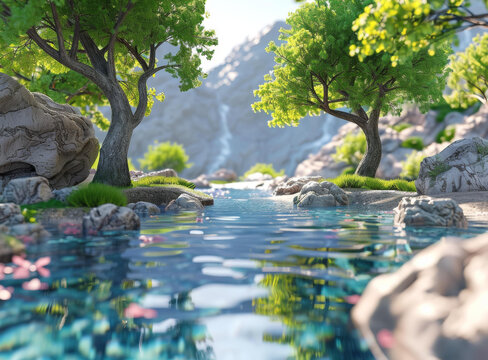 山間的河流和樹木