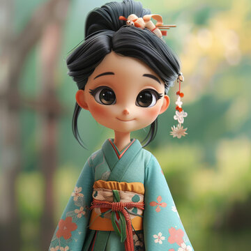 身穿和服的可愛日本動(dòng)漫黑發(fā)碧眼女孩插圖