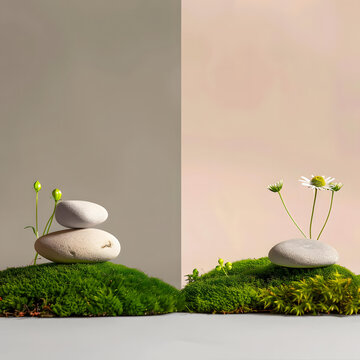 石頭，苔蘚和花卉的極簡靜物