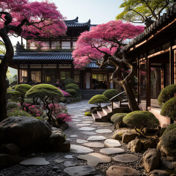 日式庭院與傳統(tǒng)住宅和粉紅色的櫻花