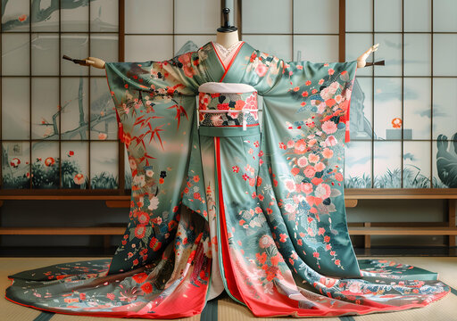 一件帶花卉圖案和長拖尾的和服。