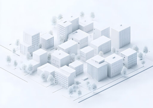 簡約風(fēng)格白色城市建筑樹木3D模型