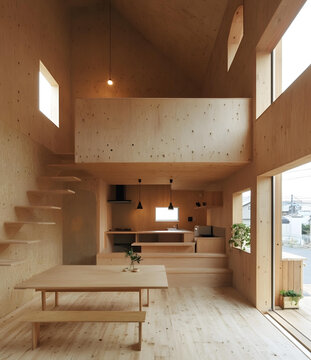 現(xiàn)代簡約風格的膠合板房屋室內(nèi)設計，木質餐桌和長凳