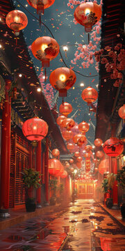 紅燈籠和櫻花的亞洲街道場景