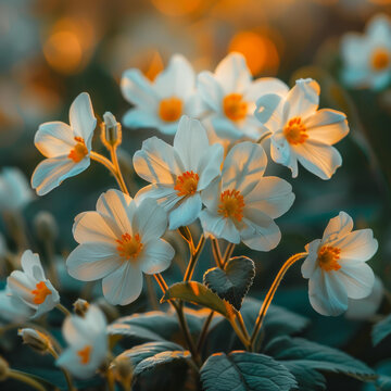 夕陽下盛開的白色的花朵