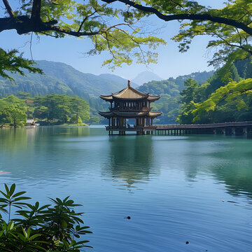 山間湖泊上的中國亭子