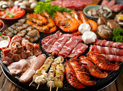 各種各樣的肉類和海鮮在烤架上