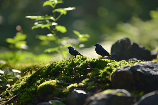 森林中苔蘚覆蓋的巖石上兩只鳥