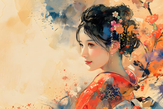 一個身穿紅色和服的美麗女人的插圖，她的頭發(fā)上裝飾著白色和粉色的花朵