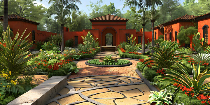 熱帶花園紅磚建筑棕櫚樹(shù)