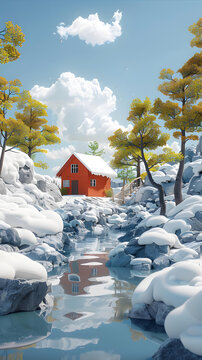 白雪皚皚的山腳下，小屋旁有河靜靜流淌