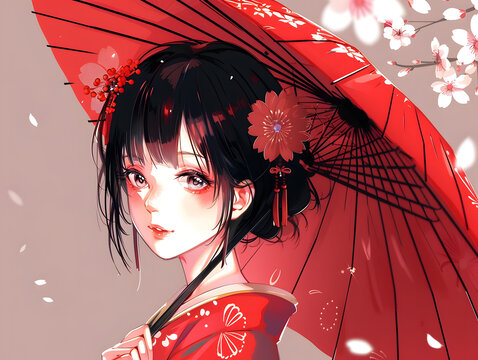 紅傘櫻花下的動(dòng)漫少女