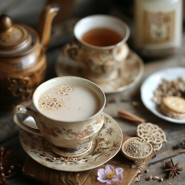 一杯加了香料的奶茶在碟子上放在木質(zhì)桌子上
