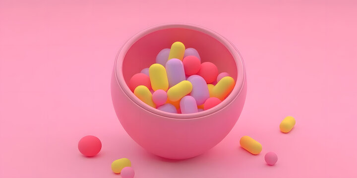 粉色碗中五彩繽紛的膠囊