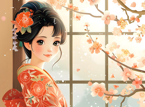 一個身穿紅色和服、梳著黑色長發(fā)、站在櫻花樹前的日本女孩