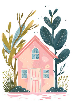 粉色小屋和綠葉