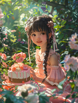 花園里的小女孩和蛋糕