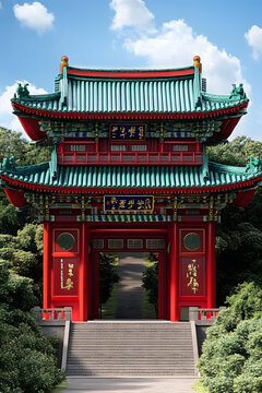 紅綠相間，傳統(tǒng)中國建筑風(fēng)格的牌樓