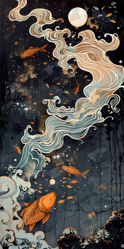 水流星辰中的錦鯉水彩畫