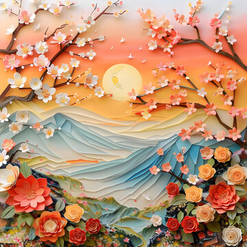 紙藝花卉與山川