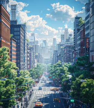 城市街道，摩天大樓與蔥郁的樹木