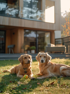 兩只金毛獵犬在現(xiàn)代住宅前草地上玩耍