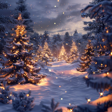迷人雪夜圣誕森林