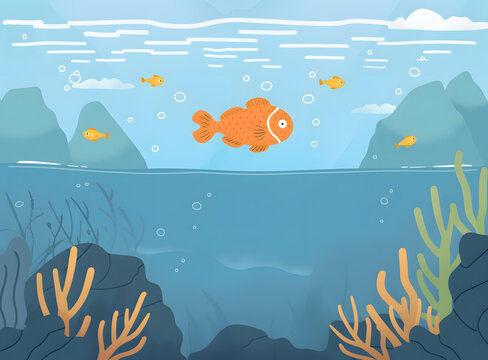 卡通魚兒在珊瑚礁中游泳的
