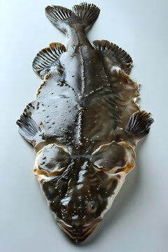 一張大魚(yú)躺在案板上，身體扁平，頭部很大